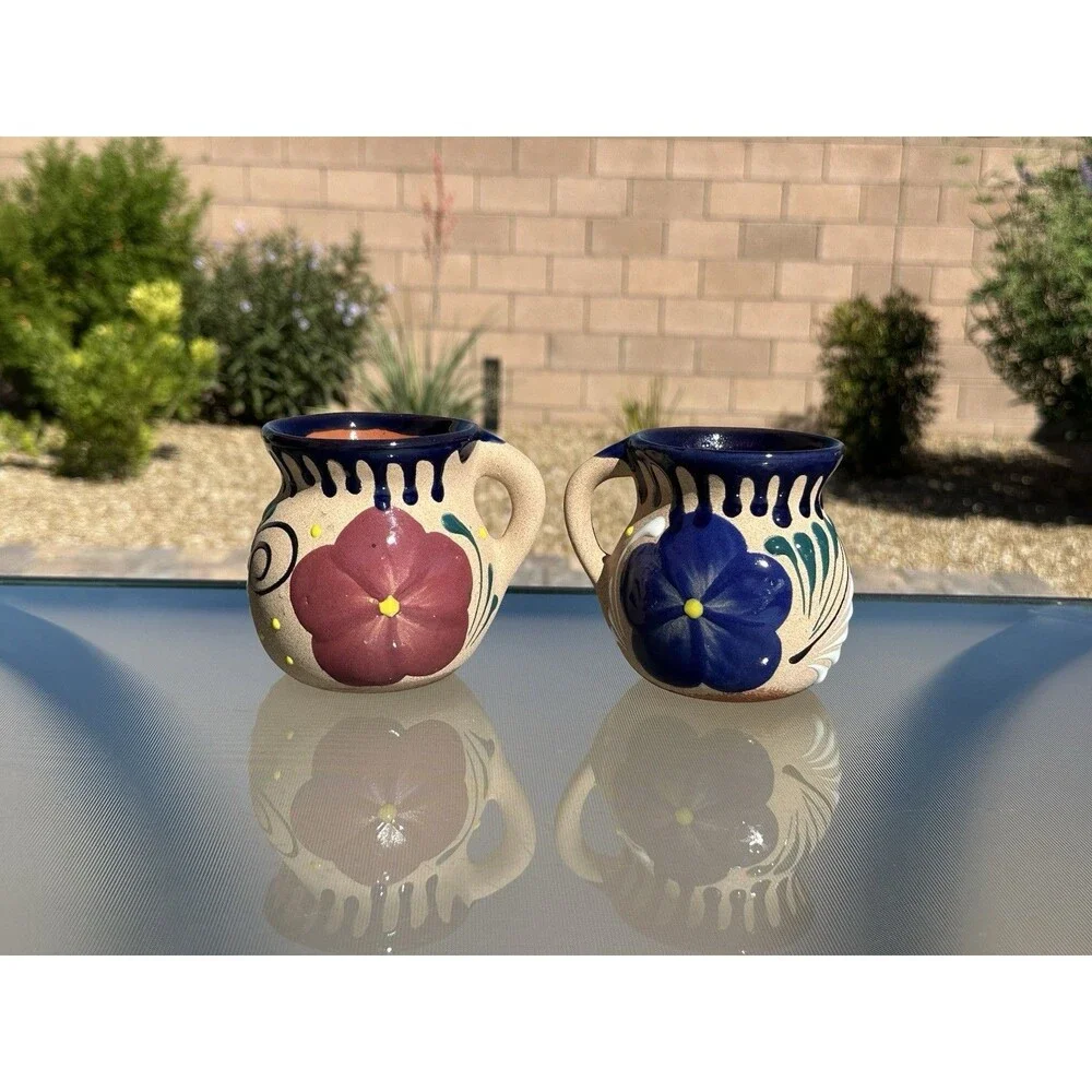 2x Handpainted Mexican Jarritos de Barro Glazed Clay Mugs Pair Blue Red Floral